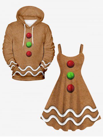 Christmas Gingerbread Ball Wavy Line Print Plus Size Matching Outfit For Couples - COFFEE