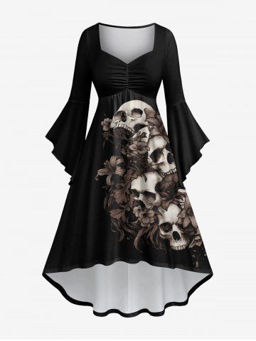 Plus Size Halloween Costume Skulls Leaf Flower Print Ruched Flare Sleeve High Low Dress - BLACK - M