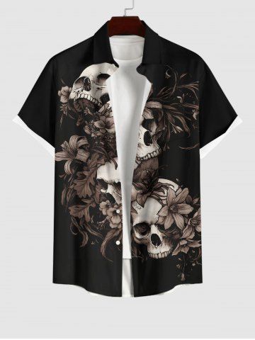 Plus Size Halloween Costume Skulls Leaf Flower Print Buttons Pocket Shirt For Men - BLACK - 3XL