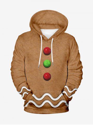 Plus Size Christmas Gingerbread Ball Wavy Line Print Pocket Drawstring Hoodie - COFFEE - 3XL