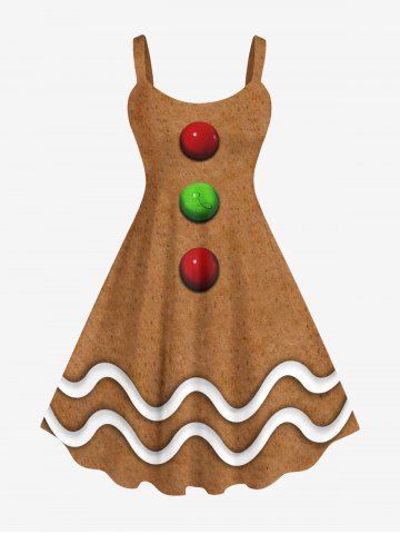 Plus Size Christmas Gingerbread Ball Wavy Line Print Tank Dress - COFFEE - XS