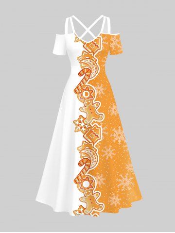 Plus Size Christmas Gingerbread Man Candy Donut Snowflake Colorblock Print Cold Shoulder Crisscross Maxi Dress - ORANGE - L