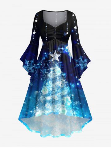 Plus Size Christmas Tree Ball Star Tassel Snowflake Glitter 3D Print Flare Sleeve High Low Dress - SKY BLUE - XS