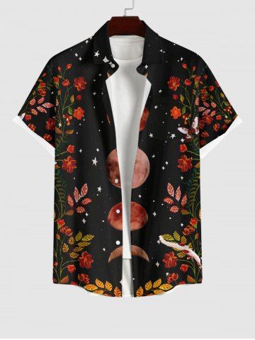 Plus Size Branch Leaf Moon Star Galaxy Print Hawaii Button Pocket Shirt For Men - BLACK - S