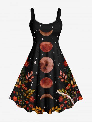 Plus Size Branch Leaf Moon Star Galaxy Print Hawaii A Line Tank Dress - BLACK - M