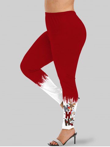 Plus Size Elk Santa Claus Snowman Leopard Plaid Letter Print Christmas Skinny Leggings - RED - M