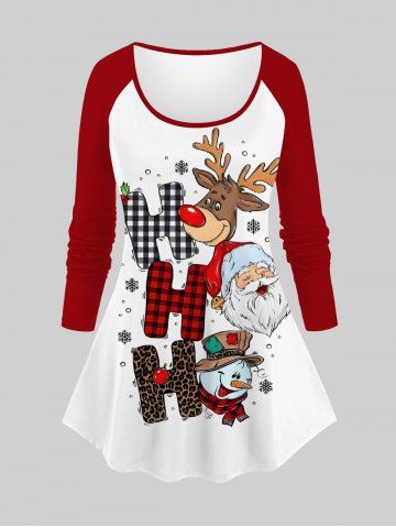 Plus Size Elk Santa Claus Snowman Leopard Plaid Letter Print Christmas Long Sleeves T-shirt - RED - XS