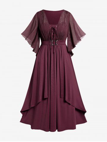 Plus Size Lace Up Buckle Grommet Layered Butterfly Sleeve Dress - DEEP RED - 1X | US 14-16