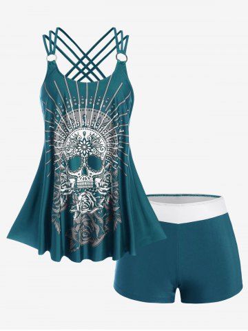 Plus Size Modest Skull Rose Print Rings Crisscross Boyshorts Tankini Swimsuit - DEEP GREEN - 1X | US 14-16