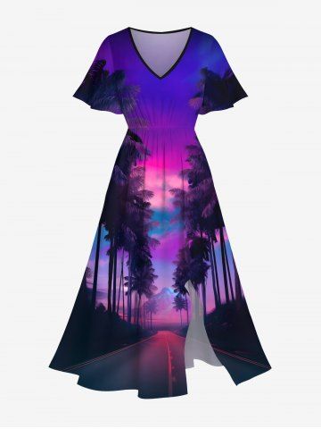 Plus Size Ombre Sky Coconut Tree Print Split Hawaii Midi Dress - PURPLE - XS