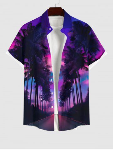 Plus Size Ombre Sky Coconut Tree Print Buttons Pocket Hawaii Shirt For Men - PURPLE - L