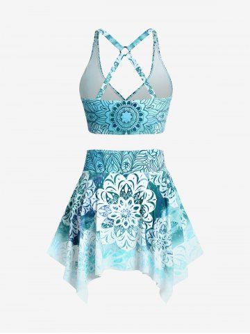 Plus Size Ethnic Printed Ombre O-ring Padded Three Piece Skirt Tankini Swimsuit