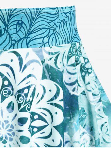 Plus Size Ethnic Printed Ombre O-ring Padded Three Piece Skirt Tankini Swimsuit