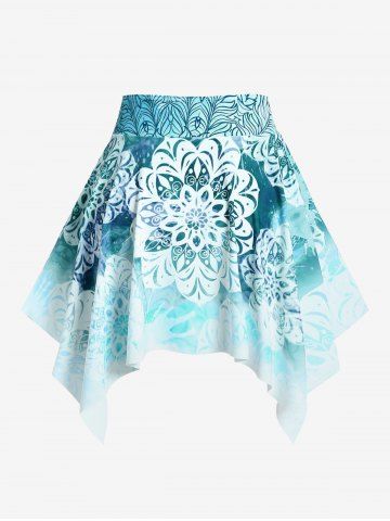 Plus Size Ethnic Printed Ombre O-ring Padded Three Piece Skirt Tankini Swimsuit