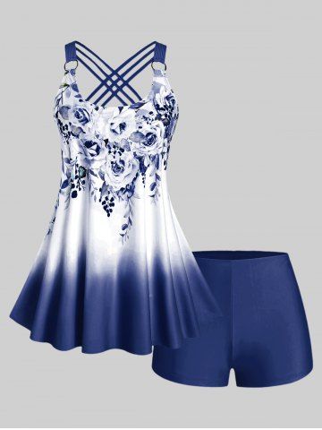 Plus Size & Curve Ombre Color Floral Print Crisscross Modest Tankini Swimsuit - DEEP BLUE - 4X