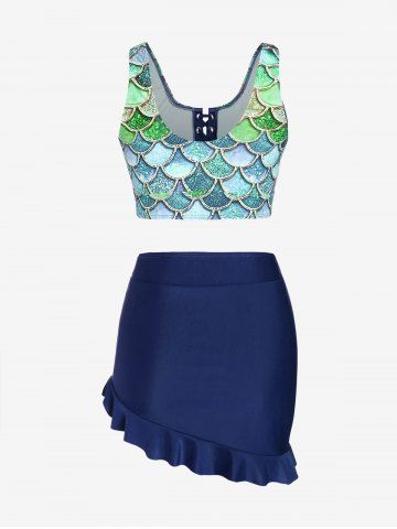 Mermaid Print Lace Up Three Piece Tankini Swimsuit
