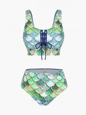 Mermaid Print Lace Up Three Piece Tankini Swimsuit