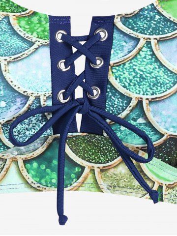 Mermaid Print Lace Up Three Piece Tankini Swimsuit