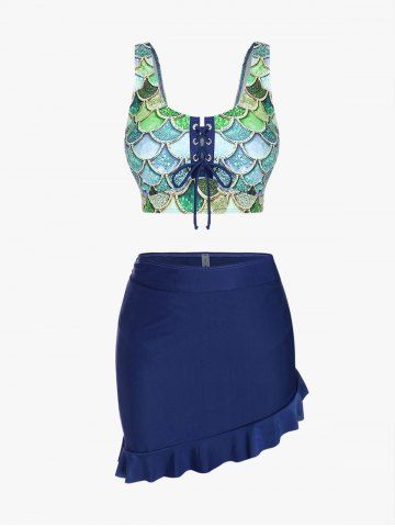 Mermaid Print Lace Up Three Piece Tankini Swimsuit