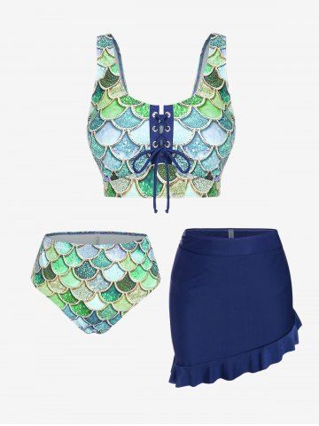 Mermaid Print Lace Up Three Piece Tankini Swimsuit - DEEP BLUE - 5X | US 30-32