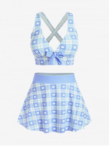 Plus Size Valentines Heart Bowknot Crisscross Padded Three Piece Tankini Swimsuit - BLUE - L | US 12
