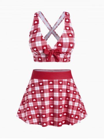 Plus Size Valentines Heart Bowknot Crisscross Padded Three Piece Tankini Swimsuit - DEEP RED - 4X | US 26-28