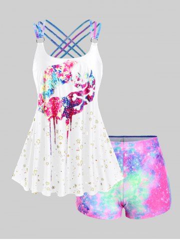 Plus Size Lip Printed Padded Boyleg Strappy Tankini Swimsuit - WHITE - M | US 10