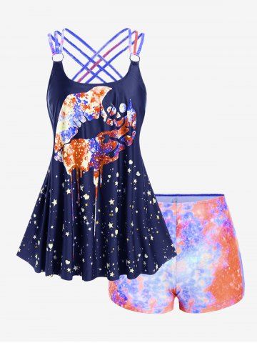 Plus Size Lip Printed Padded Boyleg Strappy Tankini Swimsuit - BLUE - L | US 12