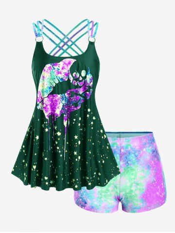 Plus Size Lip Printed Padded Boyleg Strappy Tankini Swimsuit - GREEN - 3X | US 22-24