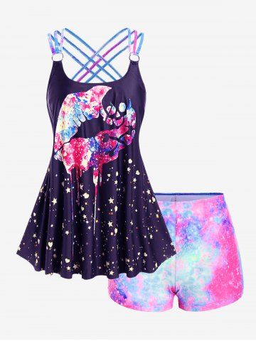 Plus Size Lip Printed Padded Boyleg Strappy Tankini Swimsuit - PURPLE - 2X | US 18-20