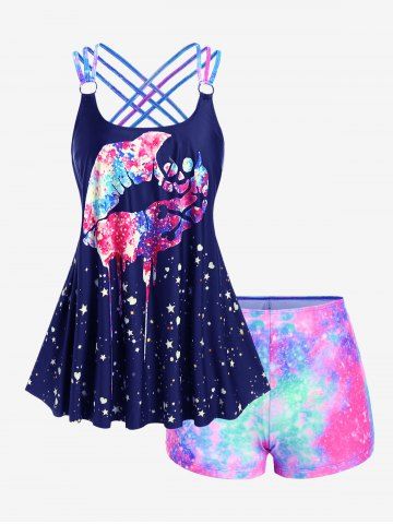 Plus Size Lip Printed Padded Boyleg Strappy Tankini Swimsuit - DEEP BLUE - 4X | US 26-28