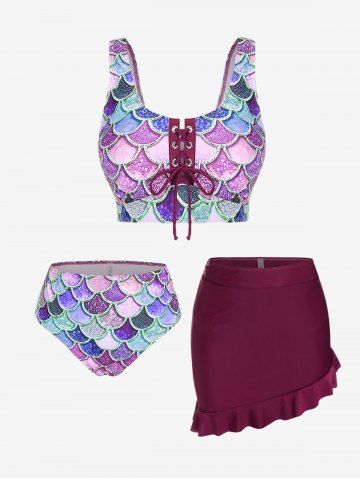 Maillot de bain tankini trois pièces à lacets imprimé sirène - DEEP RED - 5X | US 30-32