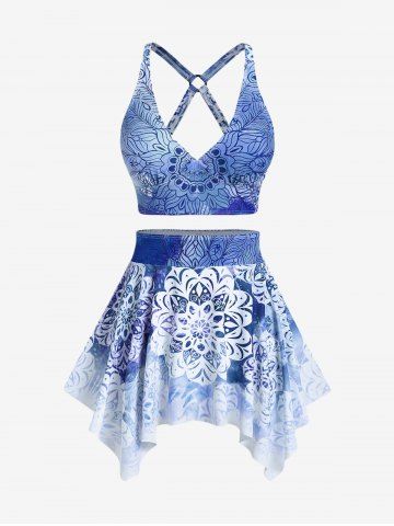 Plus Size Ethnic Printed Ombre O-ring Padded Three Piece Skirt Tankini Swimsuit - BLUE - 2X | US 18-20