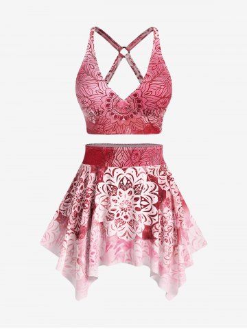 Plus Size Ethnic Printed Ombre O-ring Padded Three Piece Skirt Tankini Swimsuit - DEEP RED - L | US 12