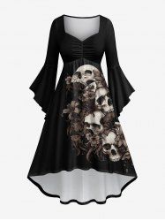 Robe Costume D'Halloween Haute Basse Crâne Fleur Imprimés Grande Taille à Manches Evasées - Noir 4X