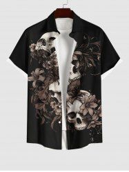 Plus Size Halloween Costume Skulls Leaf Flower Print Buttons Pocket Shirt For Men -  