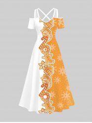 Plus Size Christmas Gingerbread Man Candy Donut Snowflake Colorblock Print Cold Shoulder Crisscross Maxi Dress -  