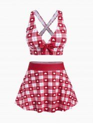 Plus Size Valentines Heart Bowknot Crisscross Padded Three Piece Tankini Swimsuit -  