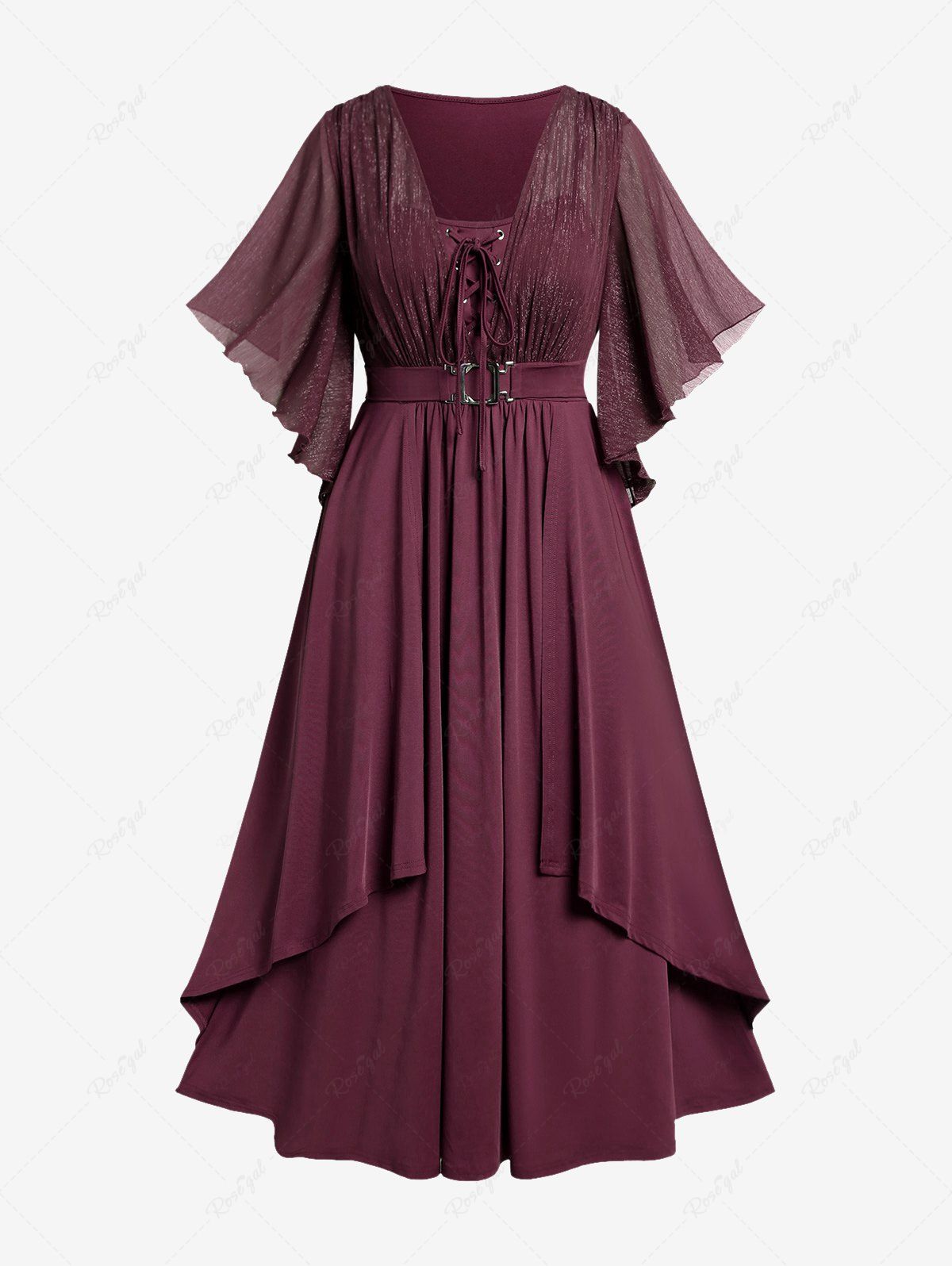 Buy Plus Size Lace Up Buckle Grommet Layered Butterfly Sleeve Dress  