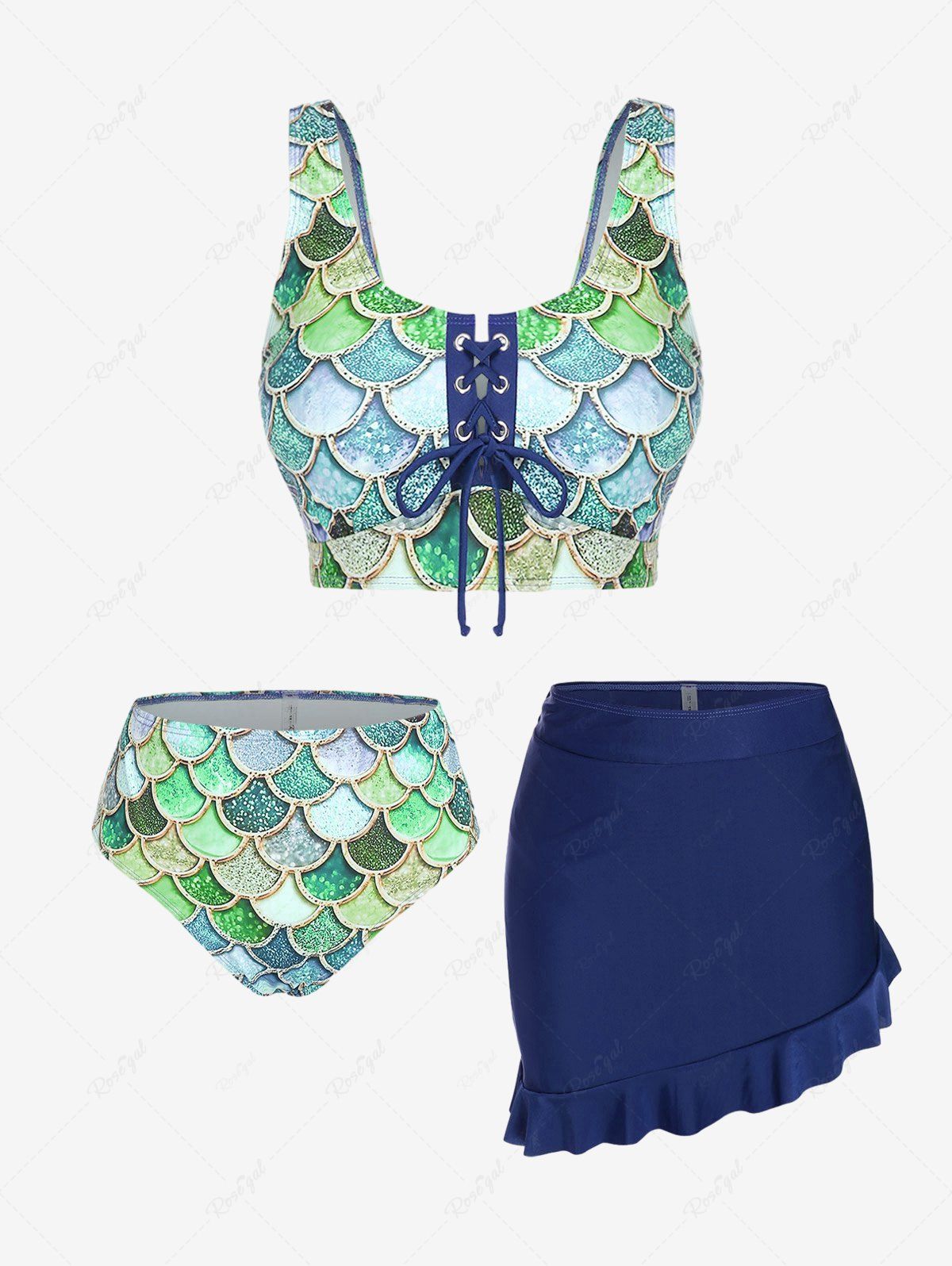 Store Mermaid Print Lace Up Three Piece Tankini Swimsuit  