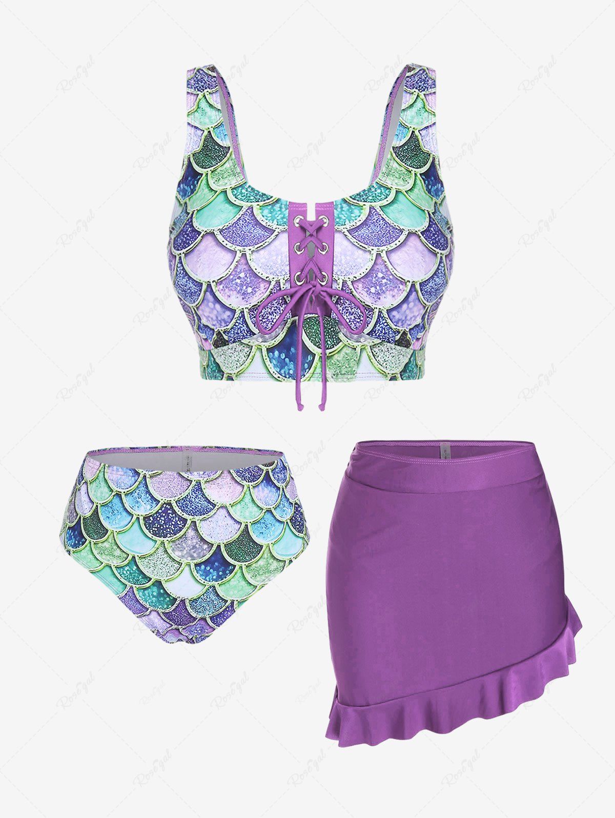 Trendy Mermaid Print Lace Up Three Piece Tankini Swimsuit  
