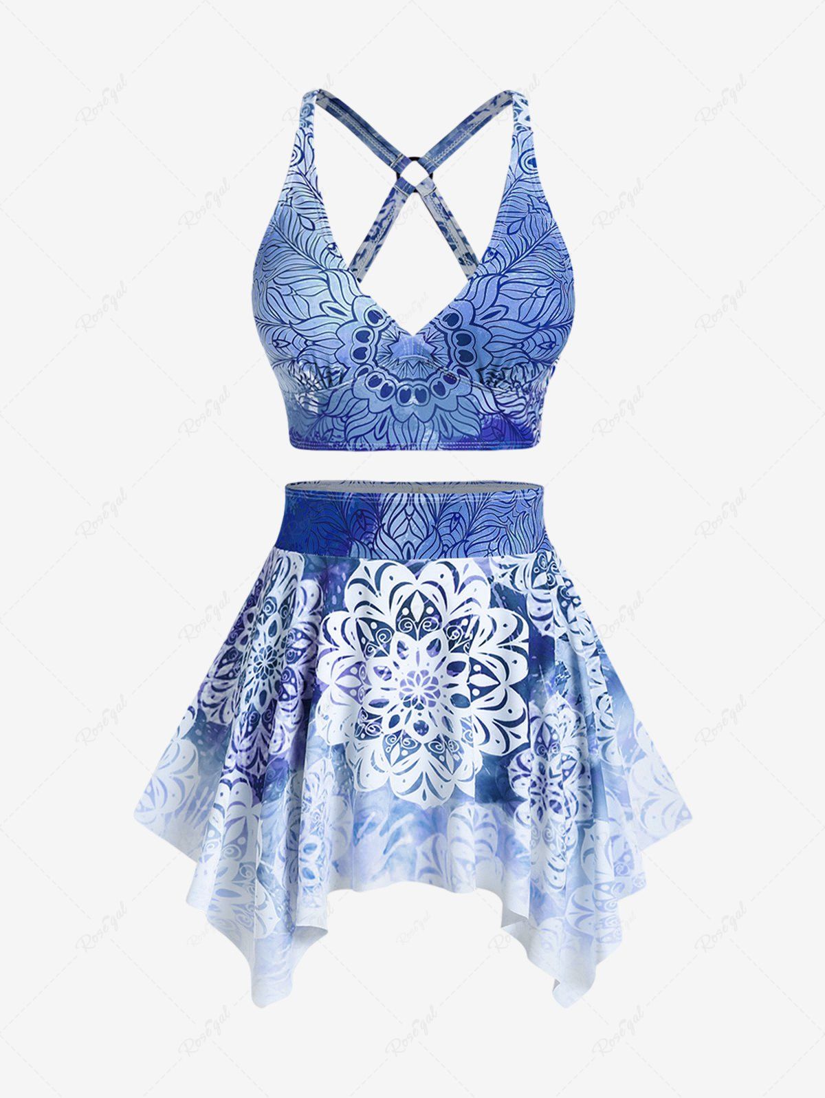 Online Plus Size Ethnic Printed Ombre O-ring Padded Three Piece Skirt Tankini Swimsuit  
