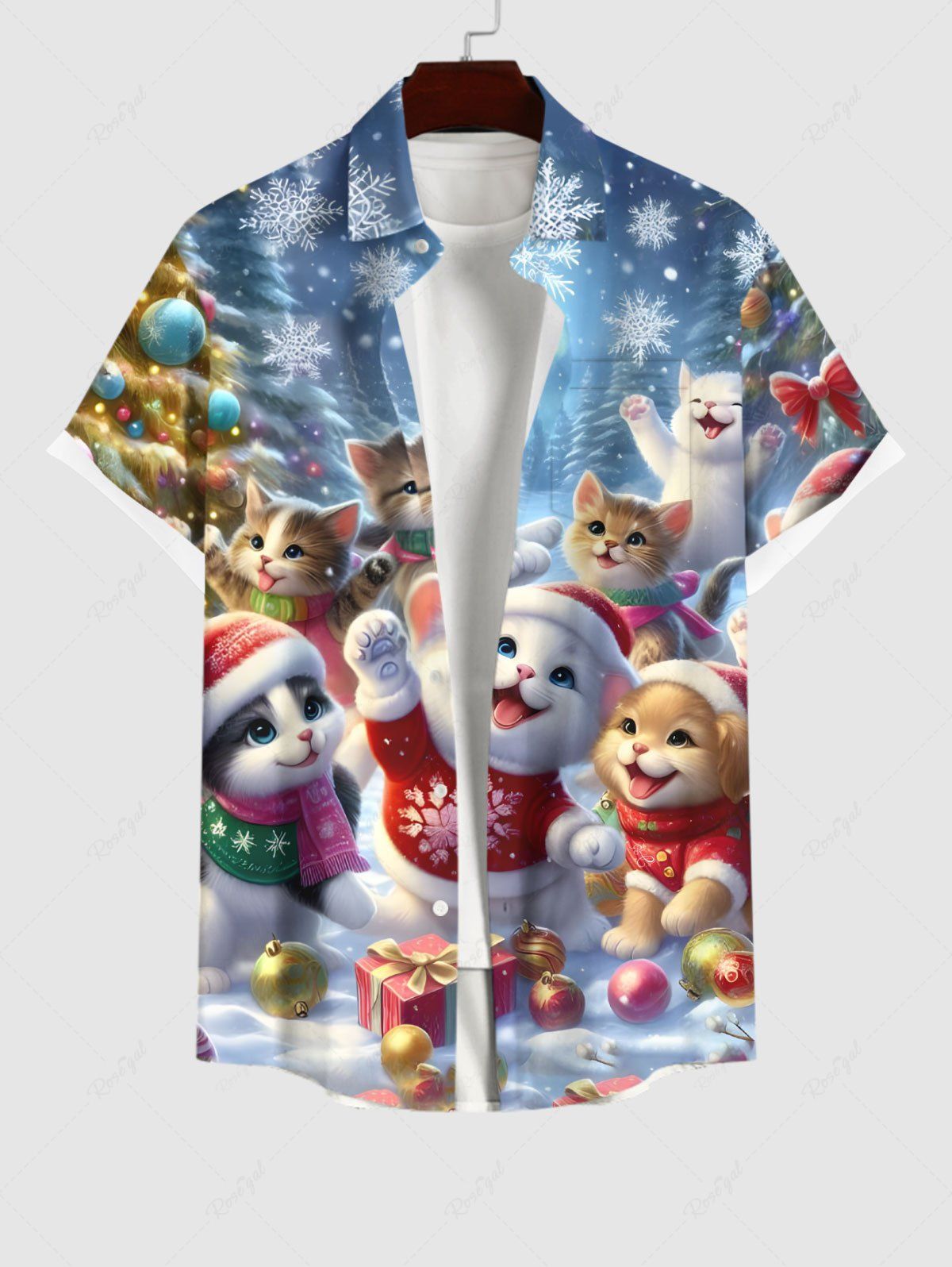 Shops Plus Size Christmas Tree Snowflake Glitter Galaxy Cute Cat Print Button Pocket Shirt For Men  