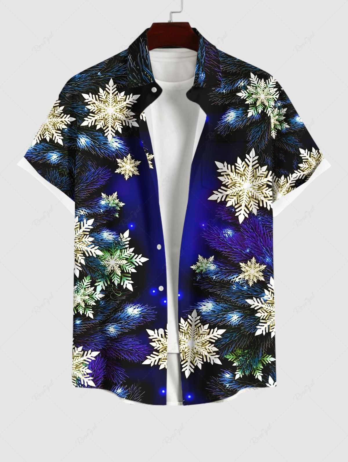 Unique Plus Size Snowflake Ombre Galaxy Print Christmas Button Pocket Shirt For Men  
