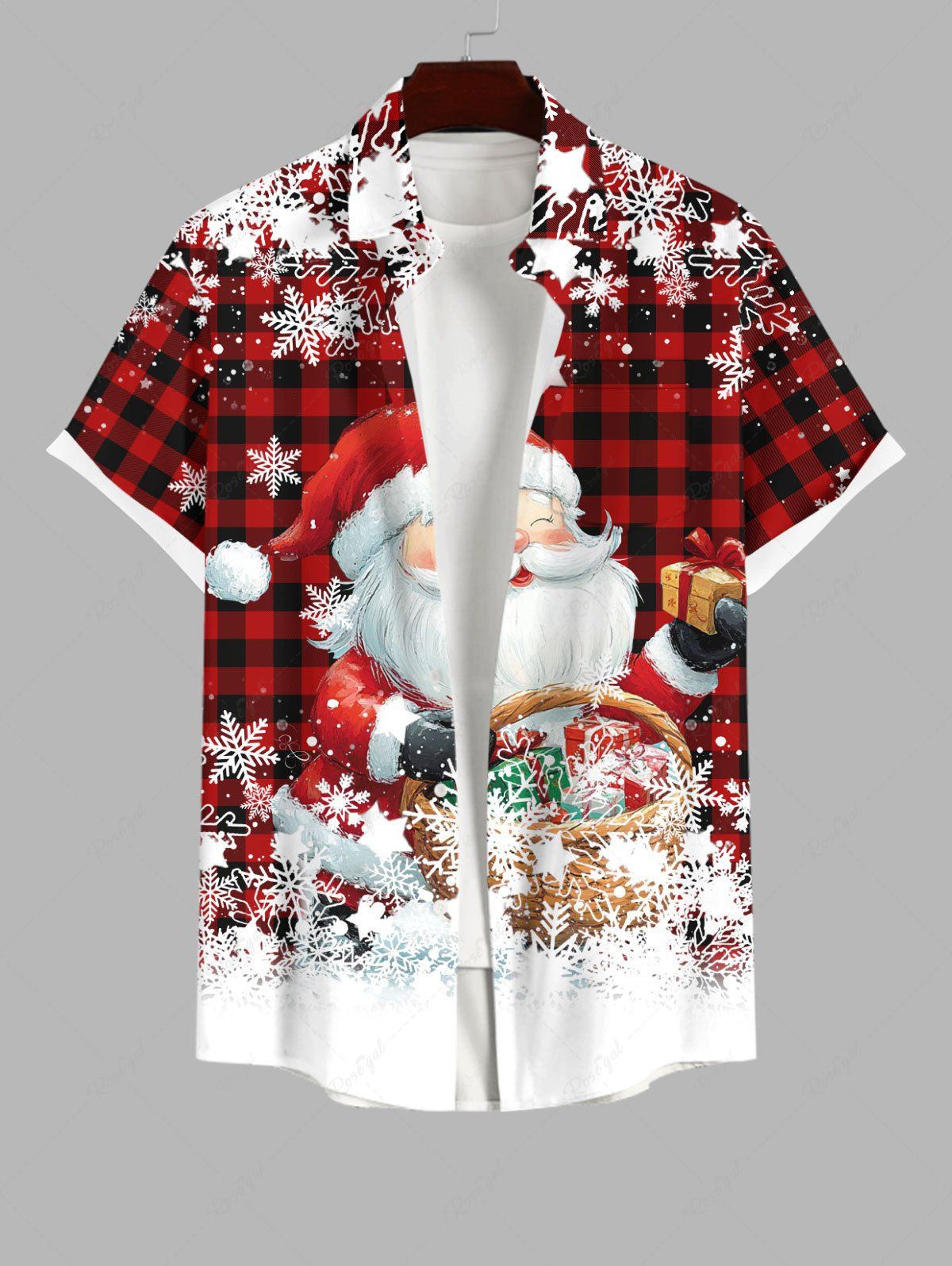 Chemise Boutonnée Imprimé Carreaux Père Noël et Flocon de Neige Grande Taille pour Homme Rouge 4XL