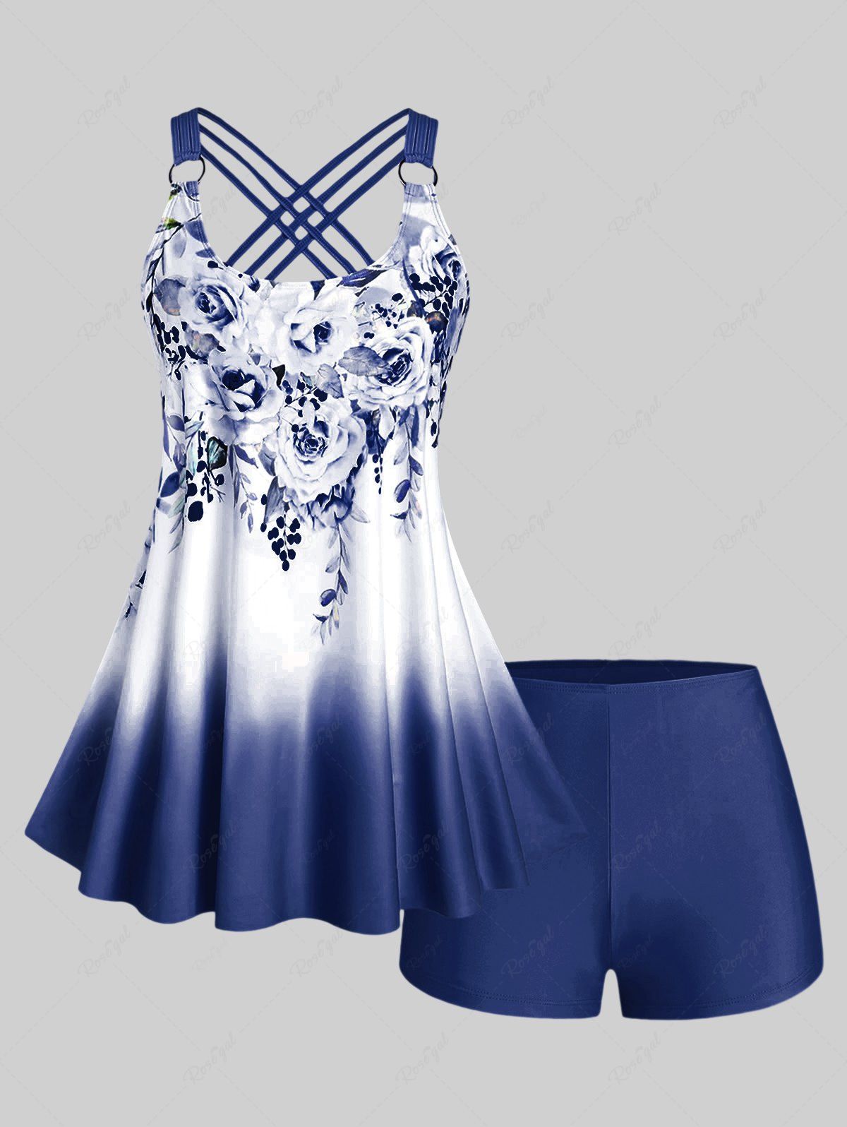 Affordable Plus Size & Curve Ombre Color Floral Print Crisscross Modest Tankini Swimsuit  