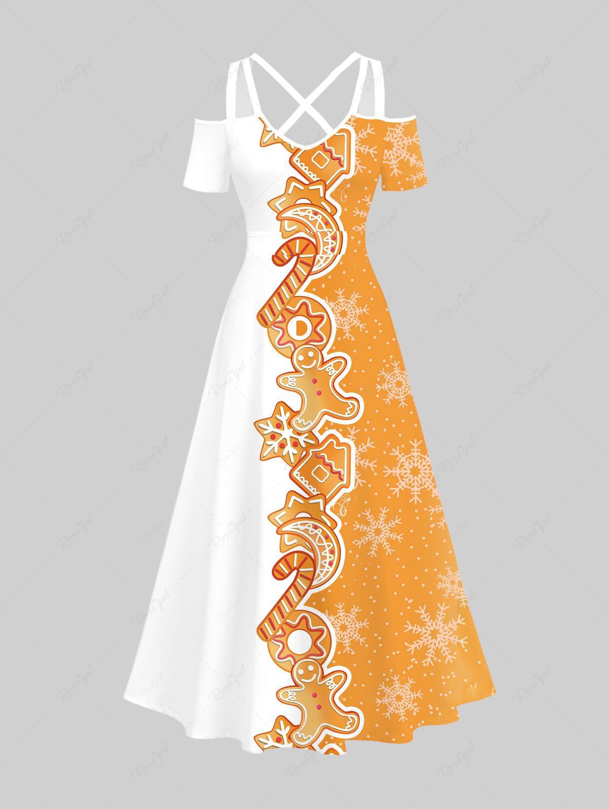 Cheap Plus Size Christmas Gingerbread Man Candy Donut Snowflake Colorblock Print Cold Shoulder Crisscross Maxi Dress  