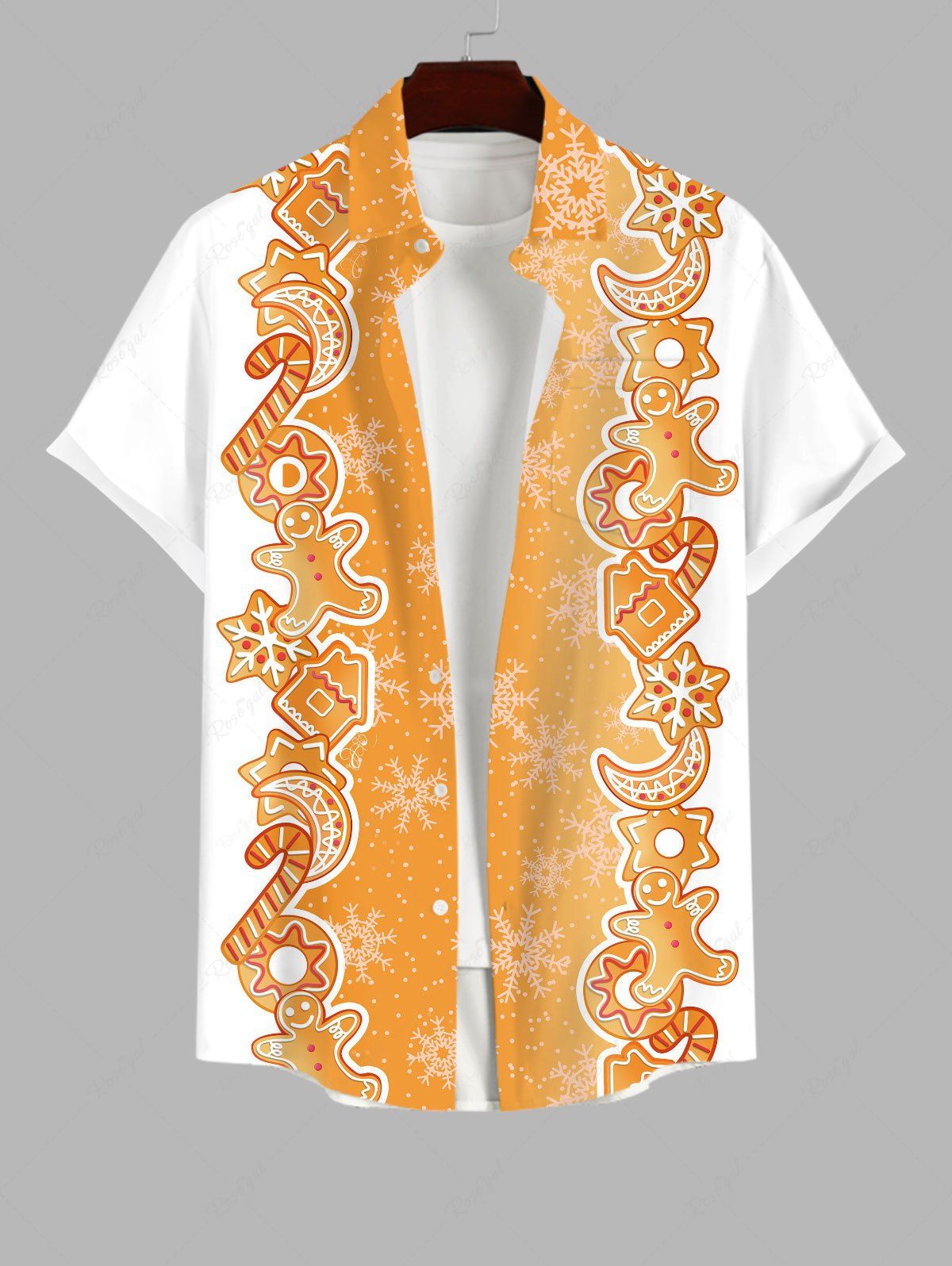 New Plus Size Christmas Gingerbread Man Candy Donut Snowflake Colorblock Print Buttons Pocket Shirt For Men  