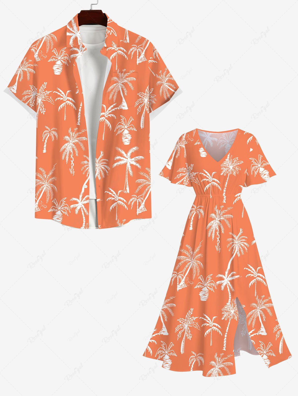 Tenue de Plage Contrastante Imprimé Cocotier Grande Taille pour Couples Orange 