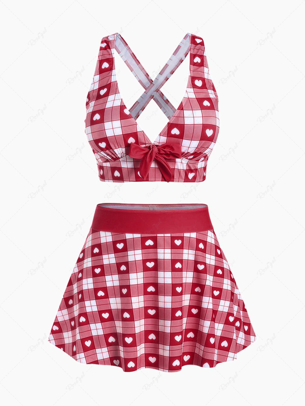 Online Plus Size Valentines Heart Bowknot Crisscross Padded Three Piece Tankini Swimsuit  